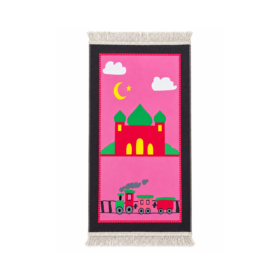 Kindergebedskleed Moskee & Trein – Roze/Zwart