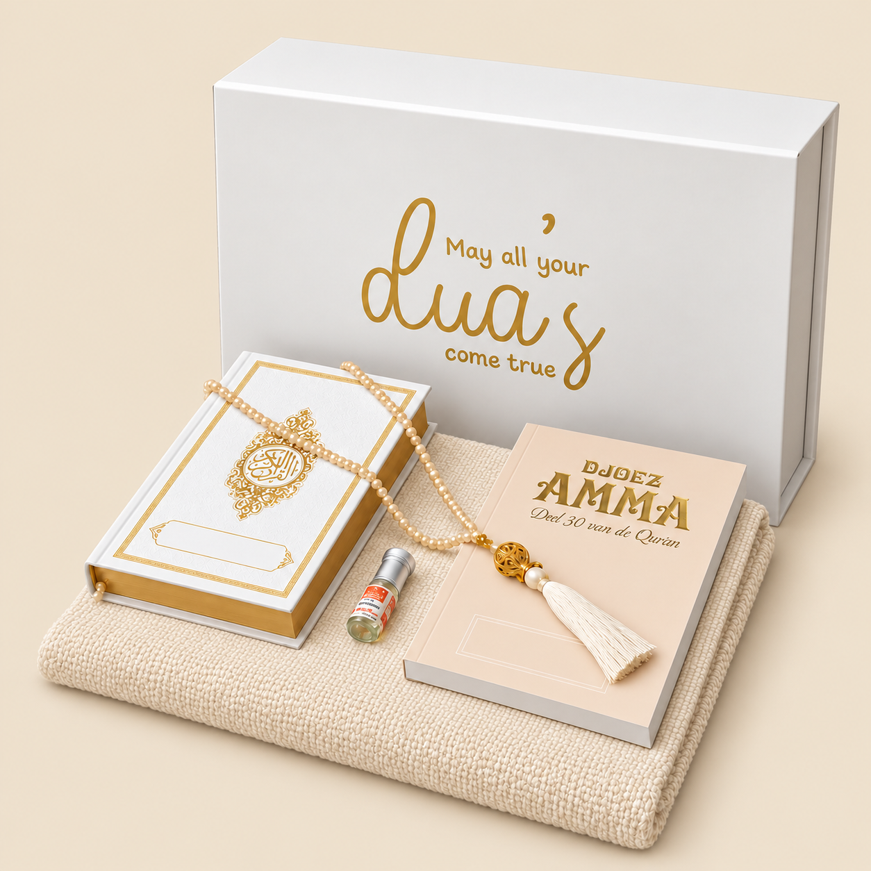 Islambox Beige met effen gebedskleed, witte Koran en Djoez Amma