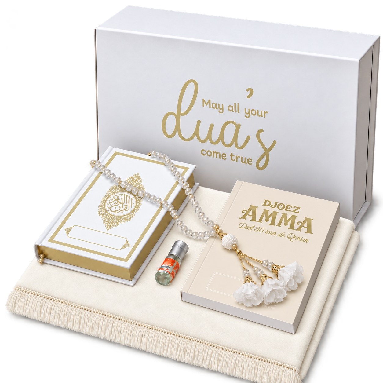 Islambox Beige met effen gebedskleed, witte Koran en Djoez Amma